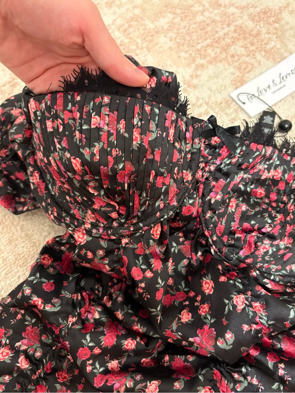 For love and lemons 
Black Floral Dress with Rose Print